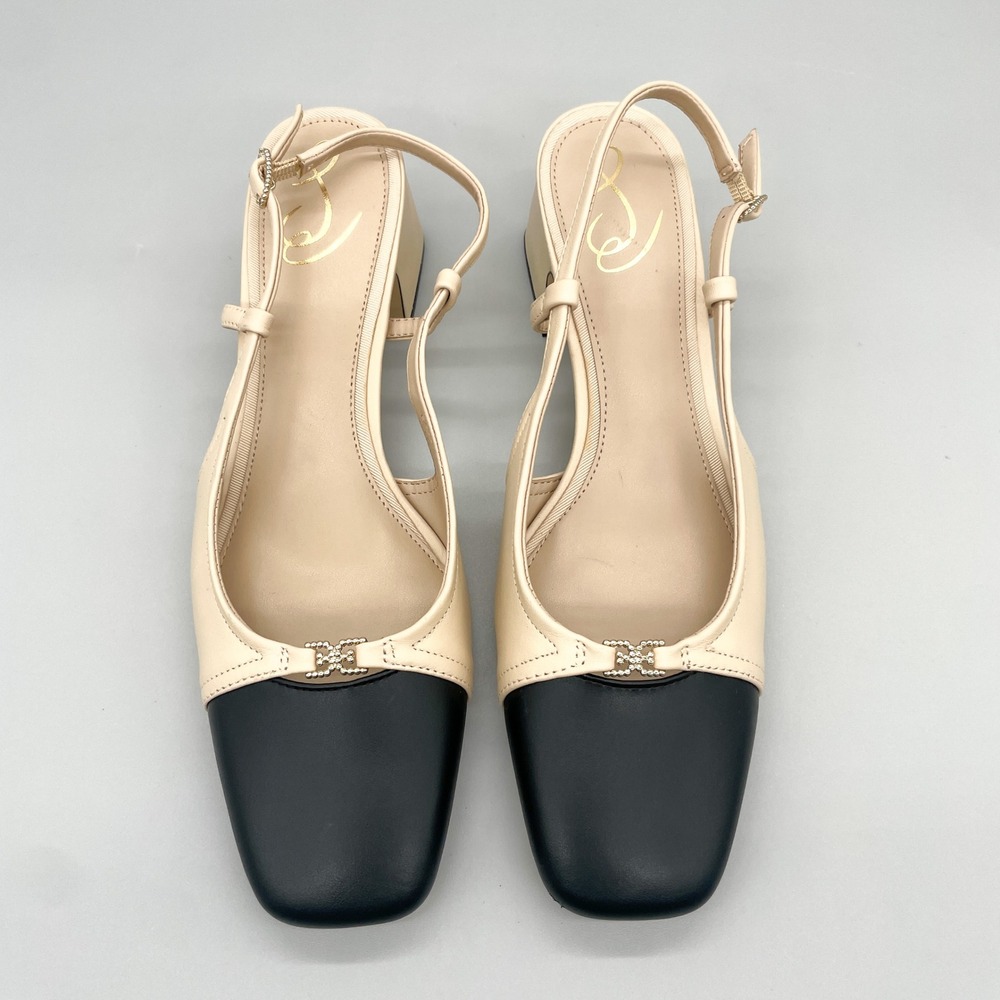 Sam Edelman Tarra Pumps Womens 9 Cream Black Cap Toe Slingback Block Heel Office